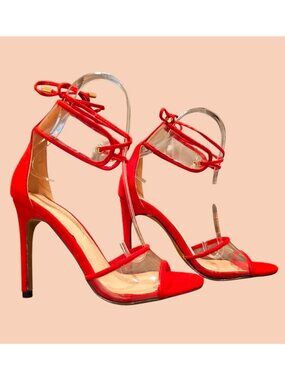 Red Strappy High Heel Sandals With Clear PVC & Ankle Tie Detail Elegant Evening